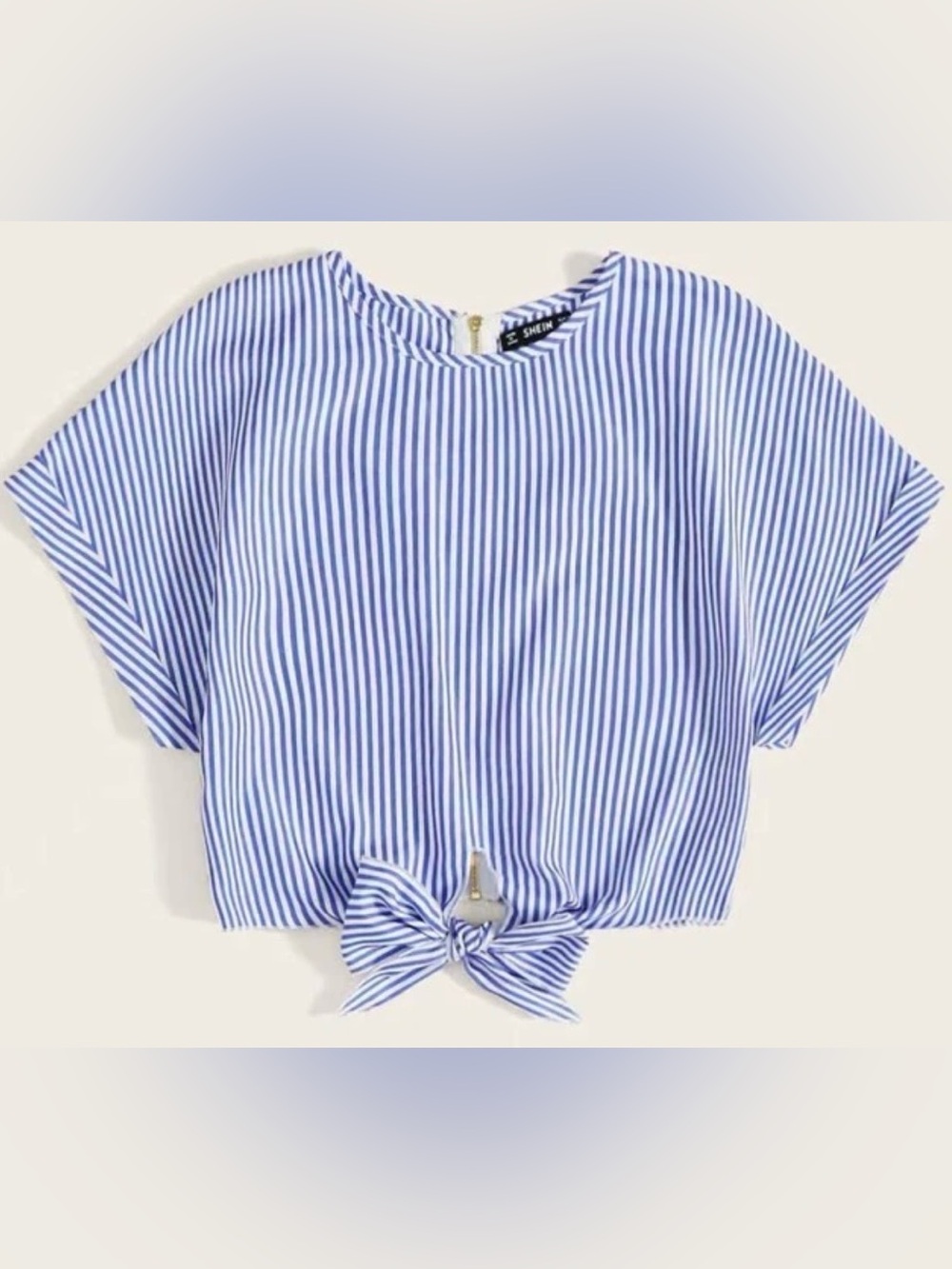 LUNE Vertical Striped Knot Hem Zip Back Blouse, Short Sleeve Tops